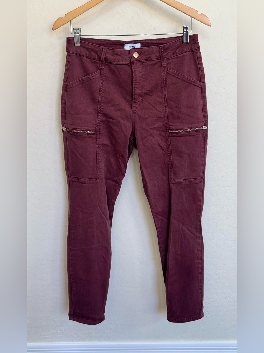 Pistola Hannah Cargo Skinny Pants Burgundy Maroon Zipper Detail Sz 30 Punk Moto